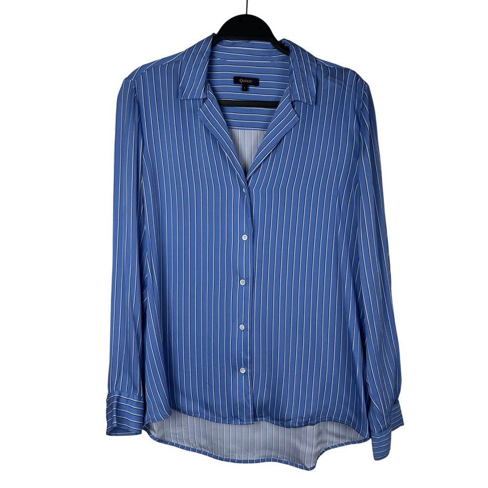 Quince Washable Stretch Silk Notch Collar Blouse Lapis Horizon Blue Stripe L